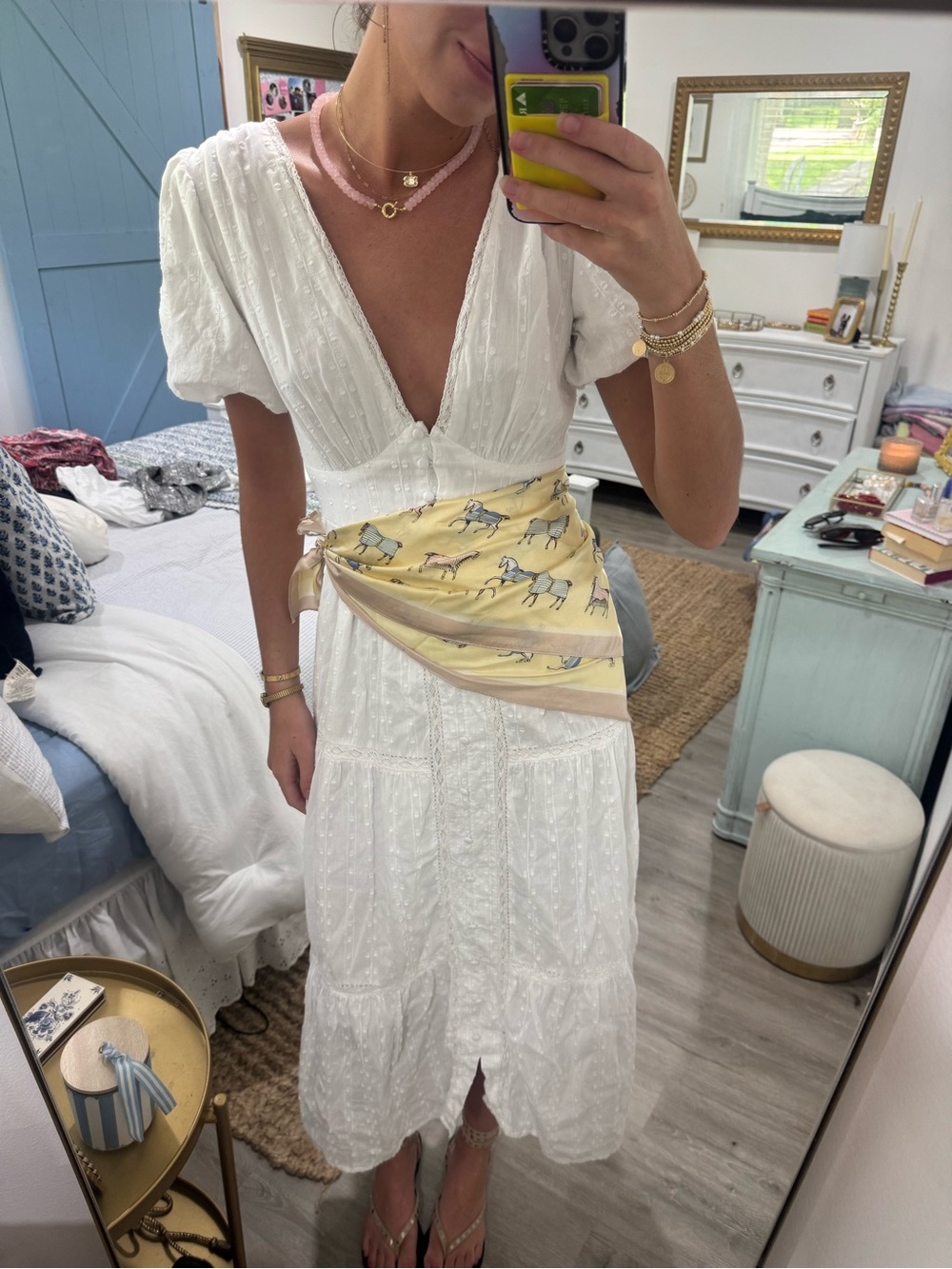 White V-Neck Puff Sleeve Tiered maxi Dress
